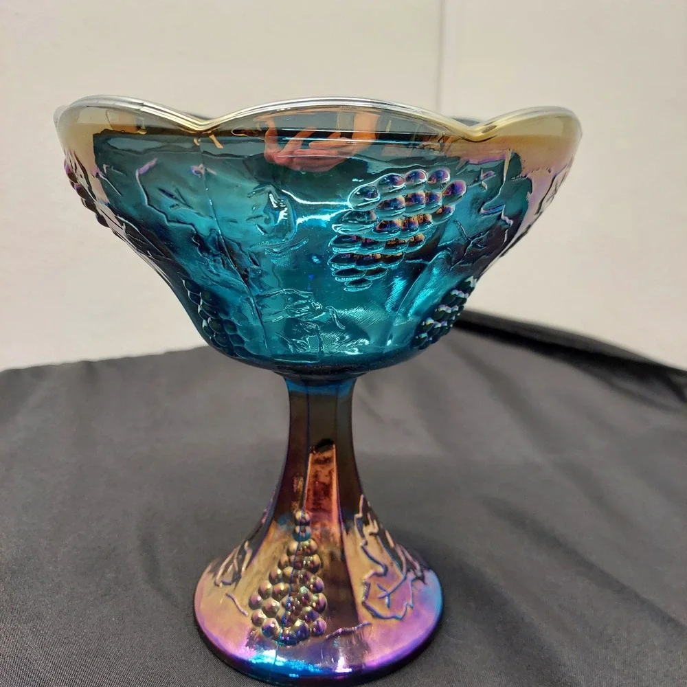 Vintage Carnival Glass Blue Iridescent Grape Leaf Pedestal Candy Dish 7.5